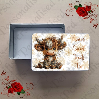 Personalised Metal Storage Tin - Christmas Highland Cow  - Name or Relations Sweet Treats Tin - D.3