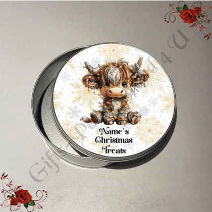 Personalised Metal Storage Tin - Christmas Highland Cow - Name or Relations Christmas Treats - D.6