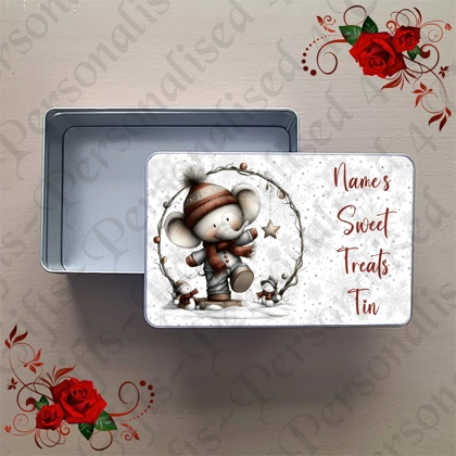 Personalised Metal Storage Tin - Christmas Elephant - Name or Relations Sweet Treats Tin - D.7