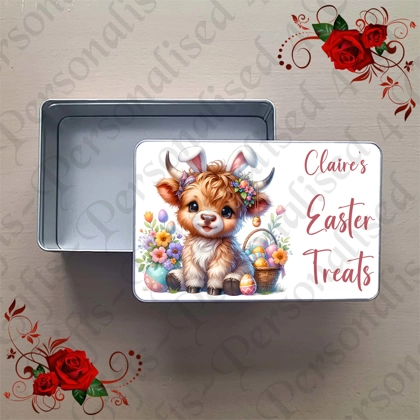 Personalised Metal Storage Tin - Easter - Highland Cow - Name's Easter Treats - D.1