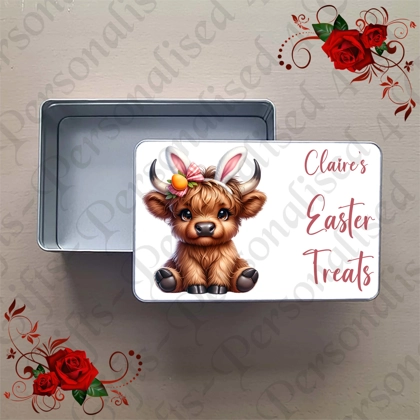Personalised Metal Storage Tin - Easter - Highland Cow - Name's Easter Treats - D.2
