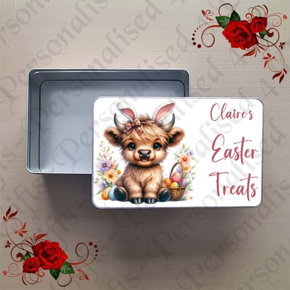 Personalised Metal Storage Tin - Easter - Highland Cow - Name's Easter Treats - D.3