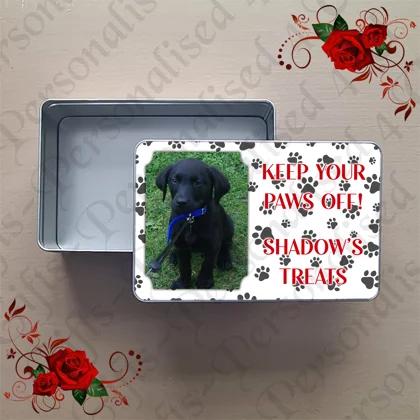Personalised Metal Storage Tin - Dog - Photo - Keep Your Paws OFF! Name's Treats - D.1