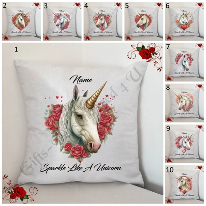 Personalised 16" Silver Glitter Cushion - Sparkle Like A Unicorn - Name - Designs 1-10