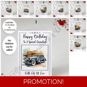 A5 or A4 Personalised Greeting Card - Vintage Car - Happy Birthday - Any Relation - D.1-8