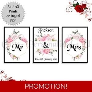 A4 or A3 Print Set or Digital Download -Personalised Wedding - Mr & Mrs / Mr & Mr / Mrs & Mrs - D.2