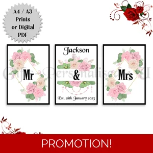 A4 or A3 Print Set or Digital Download -Personalised Wedding - Mr & Mrs / Mr & Mr / Mrs & Mrs - D.3