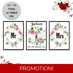 A4 or A3 Print Set or Digital Download - Personalised Wedding - Mr & Mrs / Mr & Mr / Mrs & Mrs - D.4