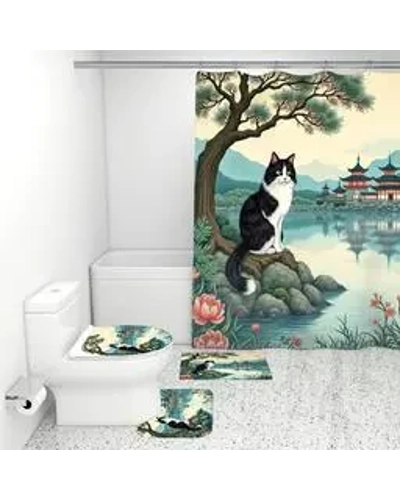 Asian Cat Bathroom Rugs Set with Shower Curtain 4 pcs