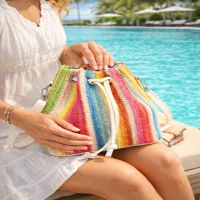 Lwbloom Rainbow Crochet Bucket Bag for Women – Colorful Knit Boho Crossbody Purse with Drawstring