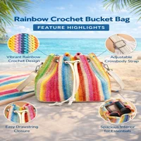 Lwbloom Rainbow Crochet Bucket Bag for Women – Colorful Knit Boho Crossbody Purse with Drawstring