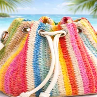 Lwbloom Rainbow Crochet Bucket Bag for Women – Colorful Knit Boho Crossbody Purse with Drawstring