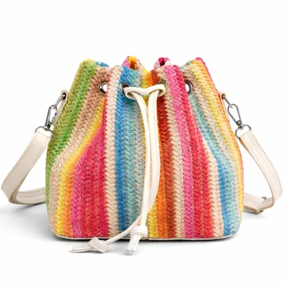 Lwbloom Rainbow Crochet Bucket Bag for Women – Colorful Kn..