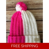 Adult Hat with Pom Pom (Bright Pink & White)