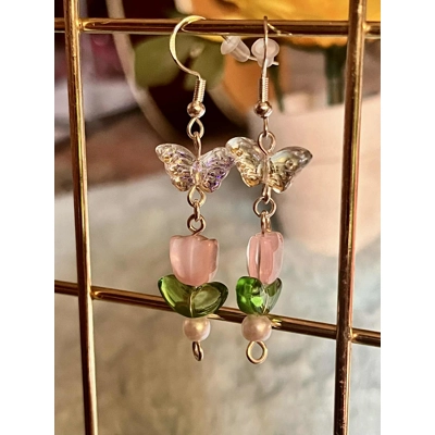 Handmade Glass Butterfly and Flower Earrings- Pink and Pur..