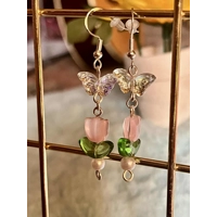 Handmade Glass Butterfly and Flower Earrings- Pink and Purple Crystal Dangles, Fairycore Whimsical