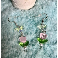 Handmade Glass Butterfly and Flower Earrings- Pink and Purple Crystal Dangles, Fairycore Whimsical