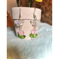 Handmade Glass Butterfly and Flower Earrings- Pink and Purple Crystal Dangles, Fairycore Whimsical