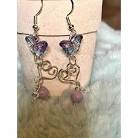 Handmade Purple Quartz Butterfly Earrings - Iridescent Glass Crystal Dangle Jewelry, Fairycore