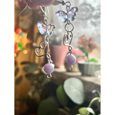 Handmade Purple Quartz Butterfly Earrings - Iridescent Gla..