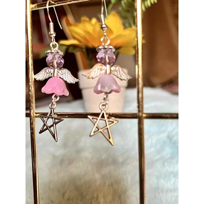 Handmade Glass Angel Earrings with Pentagram Charms - Celestial Crystal Dangle Spiritual Fairycore