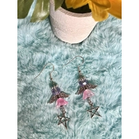 Handmade Glass Angel Earrings with Pentagram Charms - Celestial Crystal Dangle Spiritual Fairycore