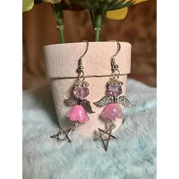 Handmade Glass Angel Earrings with Pentagram Charms - Celestial Crystal Dangle Spiritual Fairycore