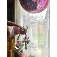 Handmade Pink Glass Flower Earrings - Crystal and Pearl Dangle Jewelry, Fairycore, Cottagecore