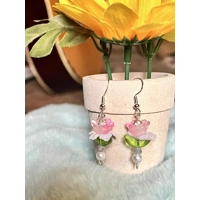 Handmade Pink Glass Flower Earrings - Crystal and Pearl Dangle Jewelry, Fairycore, Cottagecore