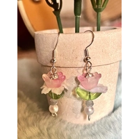 Handmade Pink Glass Flower Earrings - Crystal and Pearl Dangle Jewelry, Fairycore, Cottagecore