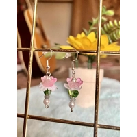 Handmade Pink Glass Flower Earrings - Crystal and Pearl Dangle Jewelry, Fairycore, Cottagecore