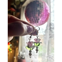 Handmade Pink Glass Flower Earrings - Crystal and Pearl Dangle Jewelry, Fairycore, Cottagecore