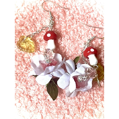 Mushroom and Flower Fairycore Earrings, Whimsy Floral Fairy Garden