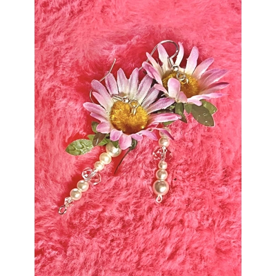 Enchanted Pink Daisy Earrings - Pearl Stem FAirycore Cottagecore Crystal Jewelry