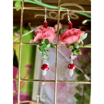 Fairycore Rose and Mushroom Earrings- Enchanted Garden Crystal Dangles