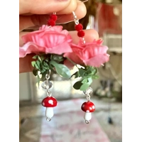 Fairycore Rose and Mushroom Earrings- Enchanted Garden Crystal Dangles