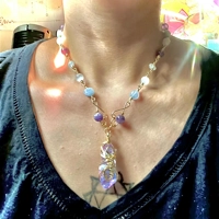 Whimsical Wire Wrapped Quartz Point Necklace - Blue & Pink Crystal Pendant, Amethyst Selenite Celest