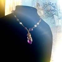 Whimsical Wire Wrapped Quartz Point Necklace - Blue & Pink Crystal Pendant, Amethyst Selenite Celest