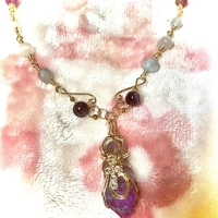 Whimsical Wire Wrapped Quartz Point Necklace - Blue & Pink Crystal Pendant, Amethyst Selenite Celest
