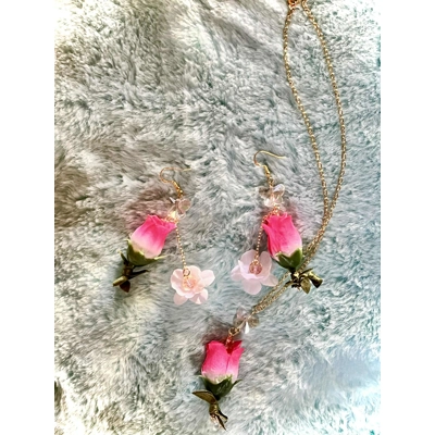 Whimsy Fairycore Necklace & Dangle Rose Earrings Set, Crys..