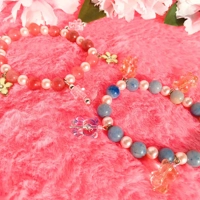 Strawberry Quartz and Blue Aventurine Natural Stone Crystal Beaded Gemstone Stretch Bracelet with Cu
