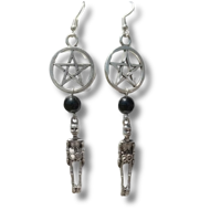 Pentagram Skeleton Dangle Earrings with Obsidian Stone