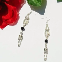 Virgin Mary and Skeleton Obsidian Dangle Earrings