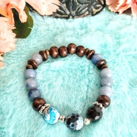 Blue Aventurine With Blue Lace Agate and Wood Beaded Stretch Bracelet Natural Stone