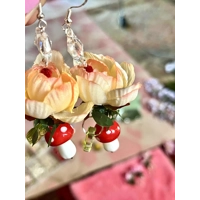 Enchanted Yellow Rose & Mushroom Earrings - Fairycore Butterfly Cottagecore Crystal Dangles