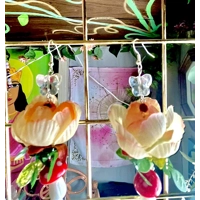 Enchanted Yellow Rose & Mushroom Earrings - Fairycore Butterfly Cottagecore Crystal Dangles