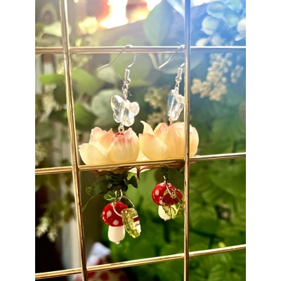 Enchanted Yellow Rose & Mushroom Earrings - Fairycore Butterfly Cottagecore Crystal Dangles