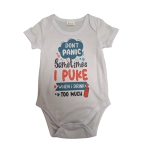 White Babygro Don't Panic available in 4 sizes