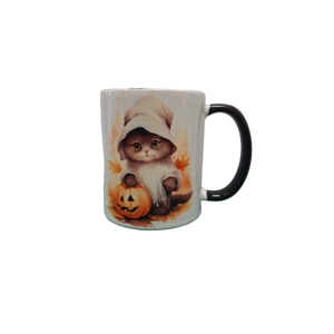 Custom Printed Pumpkin Cat 11oz Green Handle Ceramic Coffee Mug/Tea Cup