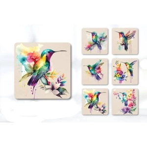 Set of 6 Rainbow Hummingbirds Square MDF Coaster - Set-07